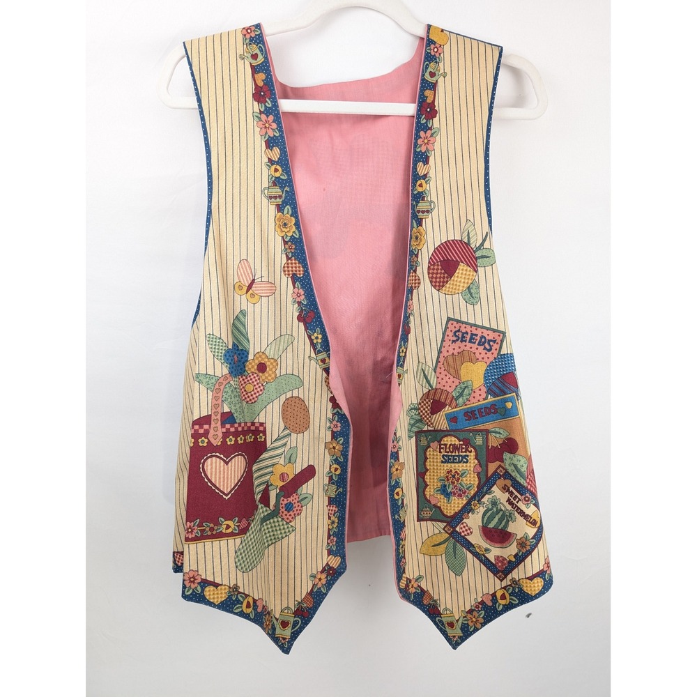 Vintage Handmade Garden Angel Open Vest Size 2X Seed Packet Novelty Print Hippie